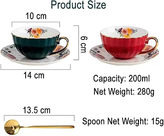 Porcelain Tea Cup with Saucers and Spoon, 2 Sets of 8 Oz Floral Coffee Mug with Gold Trim Holder, Royal Ceramic Teacup Set, Espresso Latte Mugs for Wedding Birthday Party Table Supplies (Red + Green)