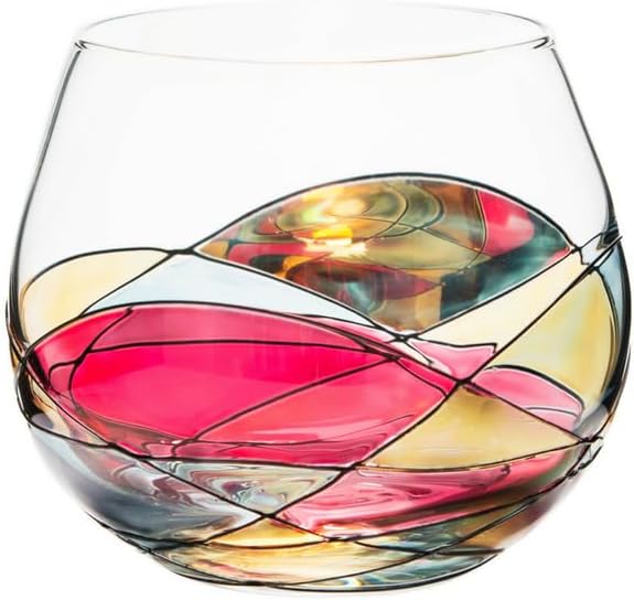 Victoria Barcelona Stemless Ballon Wine Glasses Set 2 21Oz Hand Painted Stained Sagrada Unique Gift Anniversary Wedding Birthday Murano Inspired Antoni Gaudi Cornet (Sagrada Red, Ballon Set 2)