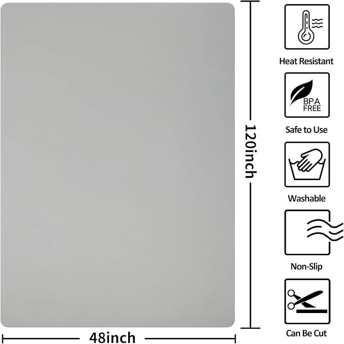 Extra Large Silicone Mat,Silicone Mats for Kitchen Counter Island Dinner Table Countertop Protector Heat Resistant Mat (120” x 48”, Grey)