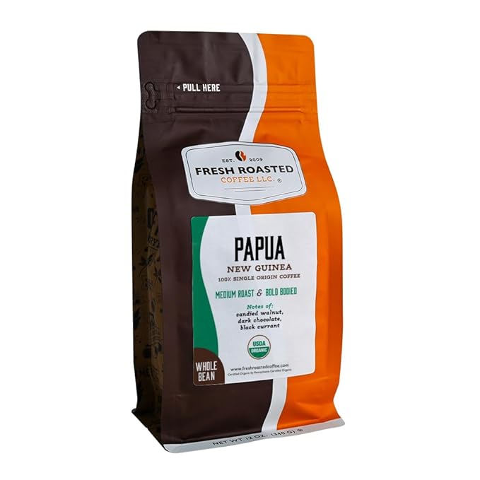 Fresh Roasted Coffee, Organic Papua New Guinea Whole Bean Coffee, Medium Roast, USDA Organic, 100% Single Origin, Kosher, 12 oz