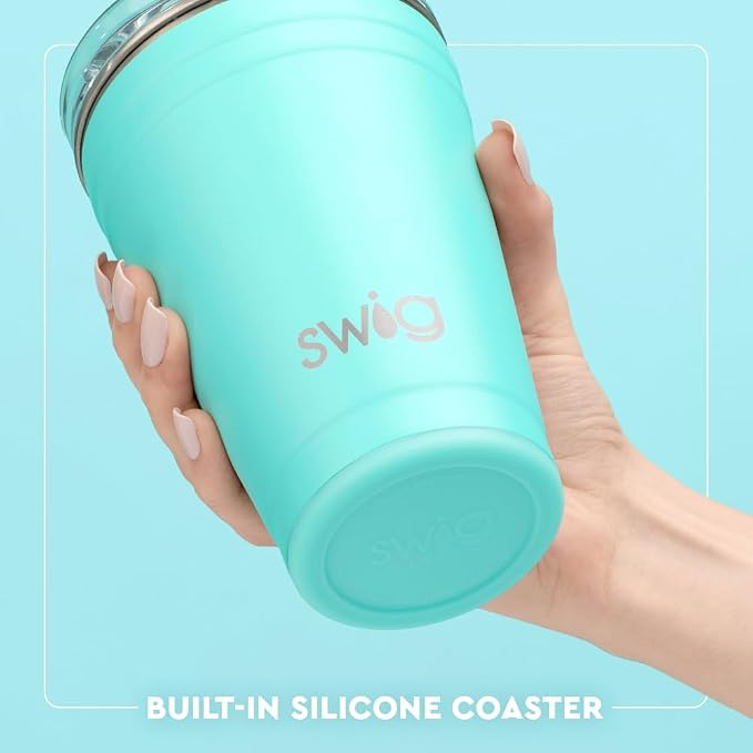 Swig Life 18oz Party Cup, Stackable Insulated Travel Coffee Tumbler with EZ Slider Lid, Cup Holder Friendly, Stainless Steel 18 oz Tumbler, Reusable Coffee Mug (Glacier Stripe)
