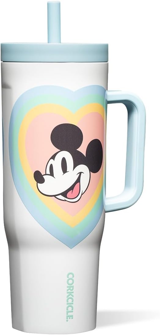 Corkcicle Cruiser Insulated Tumbler - Stainless Steel Tumbler with Handle & Straw, Leak Proof for Cold Drinks, Triple Insulated Spill Proof Cupholder Friendly BPA-Free 40oz Disney Mickey Retro Rainbow