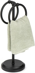 J&V TEXTILES Steel Towel Rack Holder Stand with 2 Hanging Rings for Bathroom Vanity Countertops - Space Saving Hand Towel Holder (Matte Black)