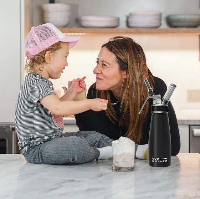 EurKitchen Stainless Steel Professional Whipped Cream Dispenser - Leak-Free Whip Cream Maker Canister - 3 Decorating Nozzles & Cleaning Brush - 1Pint /500 ML Cream Whipper - N2O Charger (Not Included)