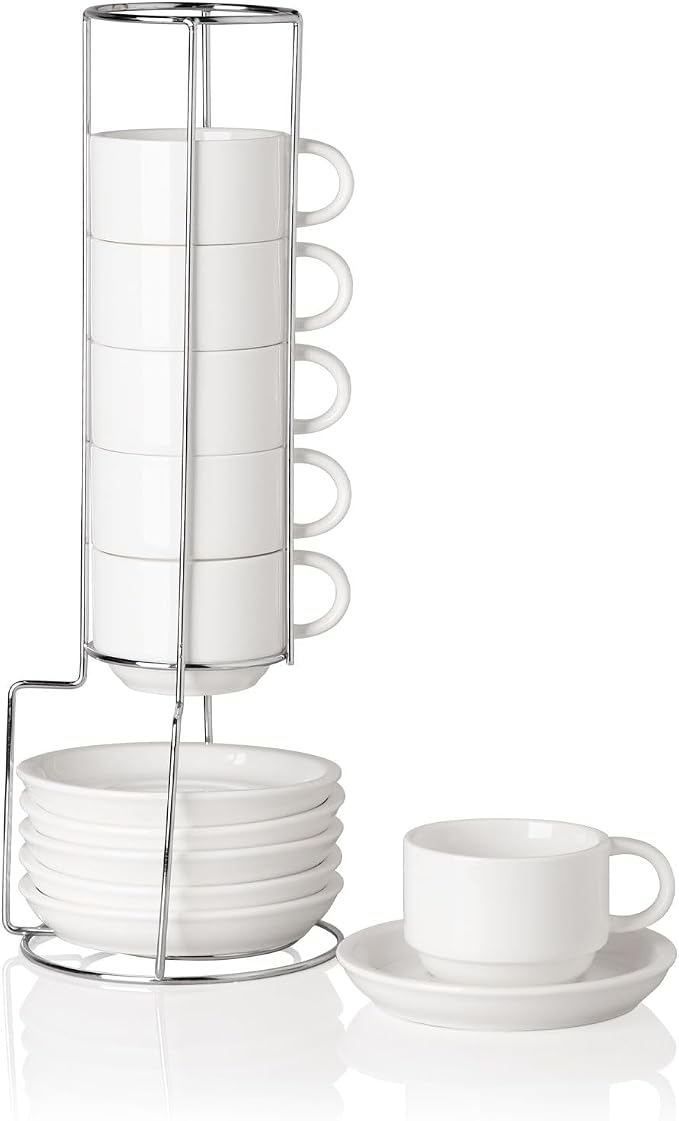 Sweejar Ceramic Espresso Cups Set of 6, Espresso Cup Stackable, 4 Oz Stackable Cappuccino Cups with Saucers and Metal Stand for Coffee Drinks, Americano, Latte, Tea (White)