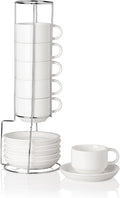 Sweejar Ceramic Espresso Cups Set of 6, Espresso Cup Stackable, 4 Oz Stackable Cappuccino Cups with Saucers and Metal Stand for Coffee Drinks, Americano, Latte, Tea (White)