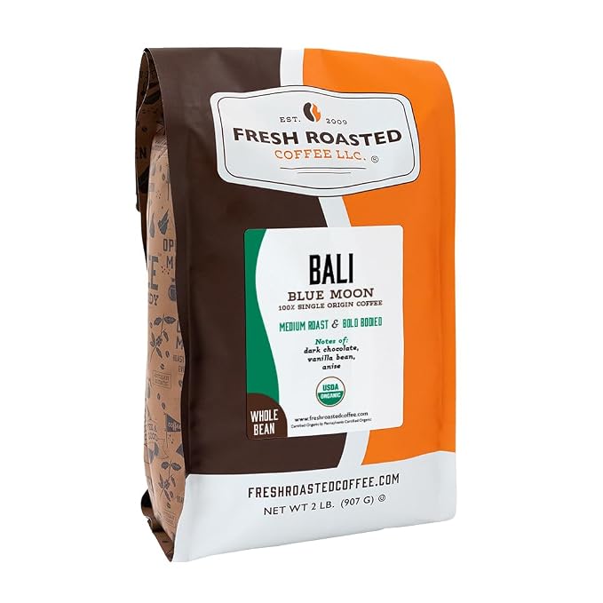 Fresh Roasted Coffee, Organic Bali Blue Moon Whole Bean Coffee, Medium Roast, USDA Organic, Kosher, 2 lb (32 oz)