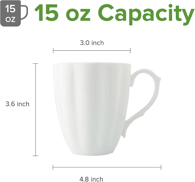 Fine Bone China Pure White Coffee Mugs, Pumpkin Shape 15 oz Large Capacity, Set of 4 Tea Cups, Thin Thickness and Light Weight, With Large Handle Comfortable to Hold, Microwave and Dishwasher Safe