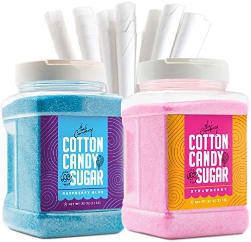 The Candery Cotton Candy Floss Sugar 32oz (2-Pack) Includes 100 Premium Cones | Raspberry Blue and Strawberry | Plastic, Reusable Jars | Easy Pour Spout or Scoop | Includes Scooper | 2 LBS Jars
