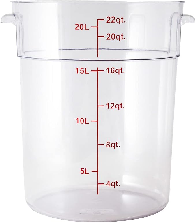 Restaurantware Met Lux 22 Quart Food Storage Container, 1 Round Commercial Storage Container - Lid Sold Separately, With Volume Markers, Clear Plastic Food Prep Bucket, Space-Saving Storage