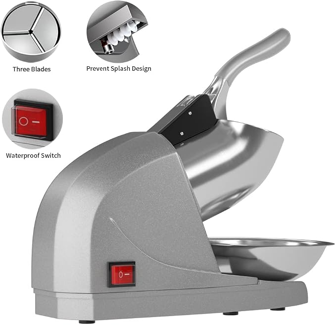OKF Ice Shaver Prevent Splash Snow Cone Machine, Electric 3 Blades Shaved Ice Machine, 380W Ice Shaver Machine, 286lbs/hr Ice Crushers for Home Use, Ice Crusher with Free Ice Pick (Silver)