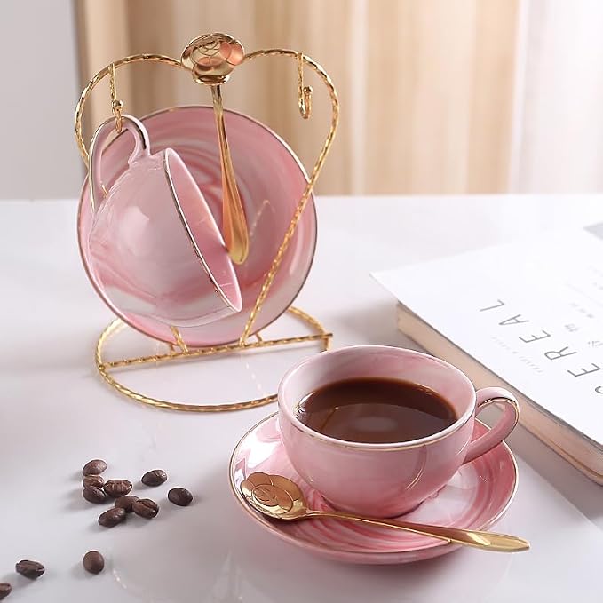 Ceramic Espresso Cups Set with Saucers and Metal Stand, 4 oz Porcelain Stackable Cappuccino Cups Teacup For Tea, Espresso, Latte, Coffee, Cafe Mocha (Pink