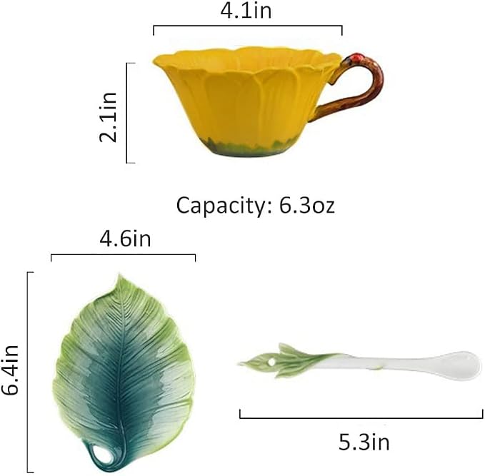 WAYUTO 3D Ceramic Coffee Mug and Saucer Set with Spoon Sunflower Coffee Mug Tea Cup with Decorative Handle Vintage Floral Drinking Cups Unique Gifts for Birthday Wedding Christmas 6oz Yellow