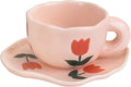 Koythin Ceramic Coffee Mug with Saucer Set, Cute Creative Cup Unique Irregular Saucer Design for Office and Home, Dishwasher and Microwave Safe, 6 oz/180 ml for Latte Tea Milk (Pink Tulips)
