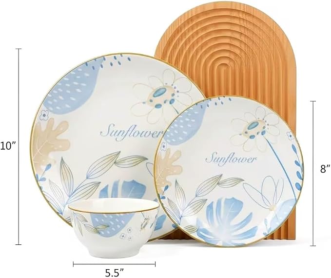HUHUI Ceramic Dinnerware Set, Service for 4, 12-Piece, Blue Floral | Sunflower Floral, Scratch Resistant, Microwave Safe, Dishwasher Safe