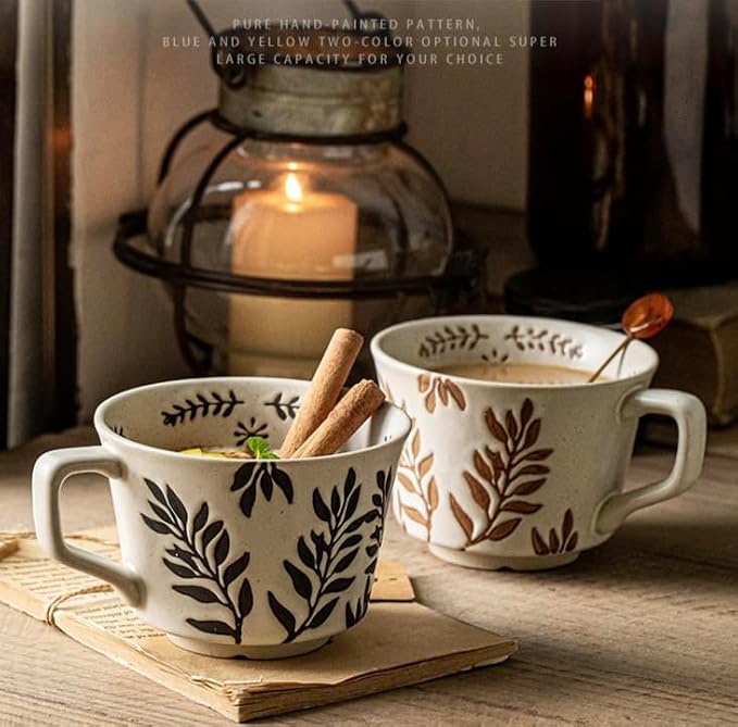 12OZ Stackable Coffee Mugs, Ceramic Coffee Mugs with Grass leaf pattern for Man,Woman,Dad,Mom, Modern Coffee Mugs Set of 2 for Latte,Cappuccino,Cocoa. Dishwasher&Microwave Safe(Leaf)
