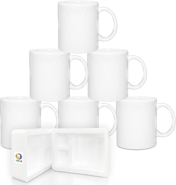 MR.R Set of 6 Sublimation Blanks Dishwasher White Ceramic Coffee Mugs 11oz Blank Ceramic Classic Drinking Cup Mug For Milk Tea Cola Water