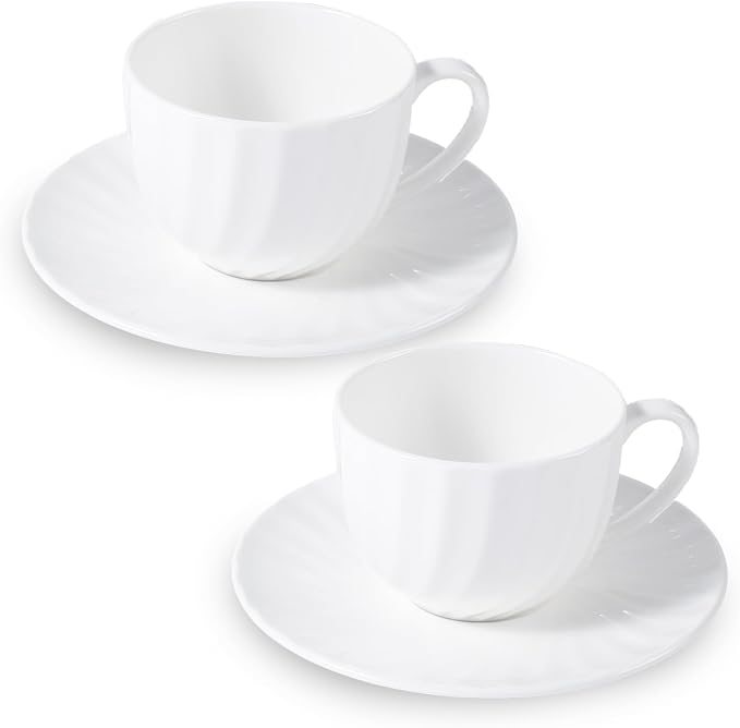 Fine Bone China Cappuccino Cups with Saucers Set of 2, 7 Oz Lightweight Coffee Tea Cups, Spiral Pattern Espresso Cups for Latte, Mocha, Macchiato, Afternoon Tea Gift