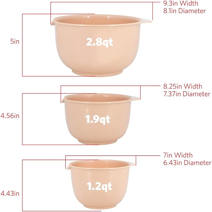 Glad Mixing Bowls with Pour Spout| Nesting Design Saves Space | Non-Slip, BPA Free, Dishwasher Safe Plastic | Kitchen Cooking and Baking Supplies, Blush, 3 piece set