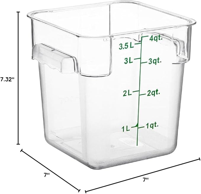 Soro Essentials- 4 qt. Polycarbonate Square Food Storage Container with Graduated Markings Clear Color- Stackable Storage Bin Plastic Food Container with Handle for Pantry Organizer Storage Kitchen