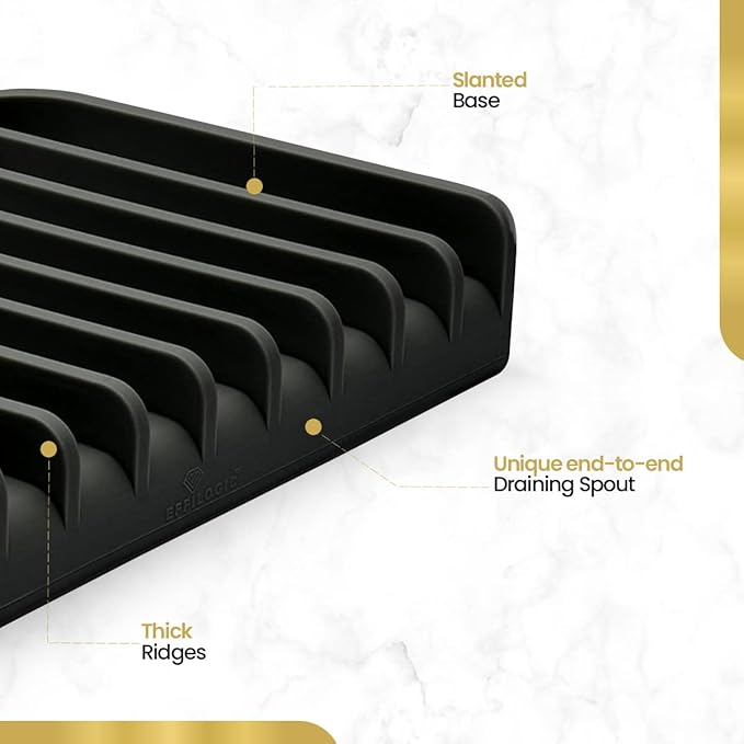 Effilogic Silicone Sponge Holder – Self-Draining Sink Organizer- Faucet Mat for Kitchen - Countertop Protector - Large Black