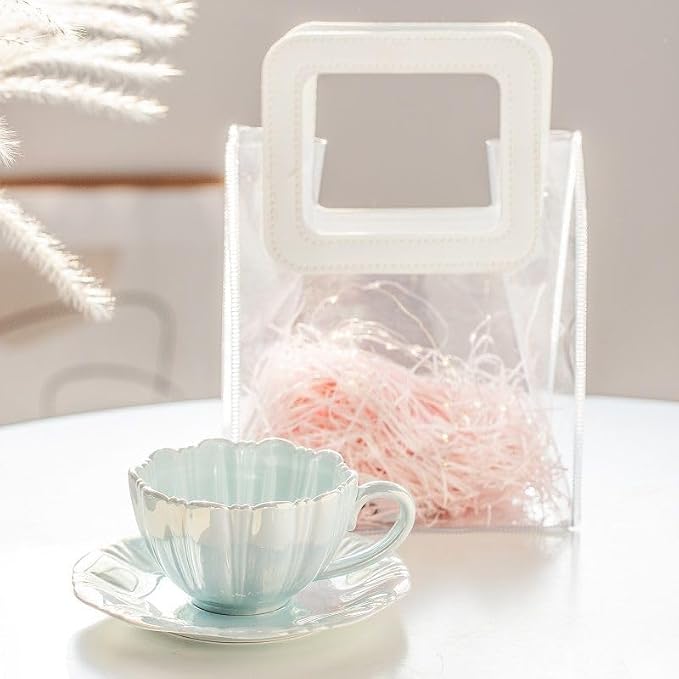 Pearl Shell Ceramic Coffee Mug with Shell Coaster Set for Tea Latte Milk Cute Cup with Saucer for Home Office Women Gift 6.5 oz (petal pink, 240 ml)
