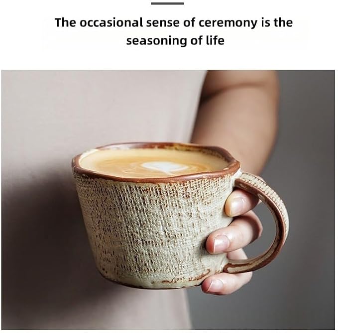 2-pcs handcrafted clay water cups, couple cups, household coffee, hot tea, oatmeal, milk cups (300ML, 7 * 10cm), office retro mugs, suitable for dishwasher, microwave, oven. (beige)