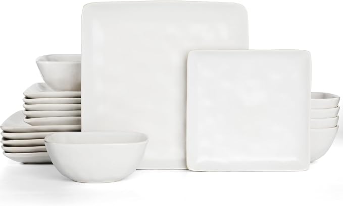 Famiware Stoneware Dinnerware Sets for 6, Ocean Square 18-Piece Kitchen Plates and Bowls Sets, Microwave and Dishwasher Safe, Scratch Resistant, Matte White