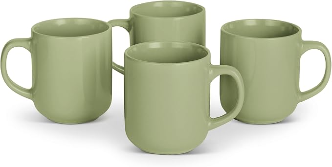 Amazon Basics Glazed Stoneware Coffee and Tea Mugs, Ceramic 4-Piece Set, 16 oz, Microwave, Freezer and Dishwasher-Safe, Stain-Resistant, Olive