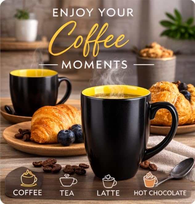 GBhome 16oz Coffee Mugs Set of 6, Large Ceramic Coffee Mugs for Man, Woman, Dad, Mom, Modern Coffee Mugs Set with handle for Tea/Latte/Cappuccino/Milk/Cocoa. Dishwasher&Microwave Safe,Yellow