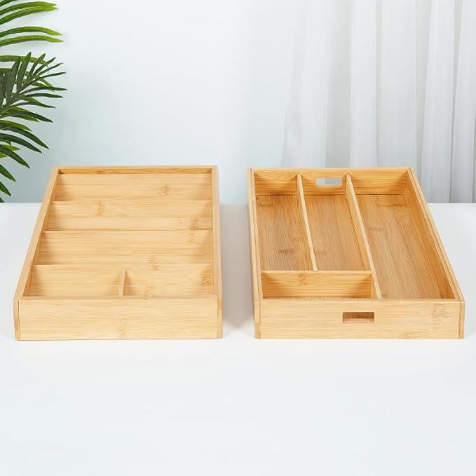 Bamboo Expandable Flatware Drawer Organizer Stackable Bamboo Silverware Drawer Organizer – 2-Tier Kitchen Utensil Tray with Compartments, Flatware Organizer for Spoons