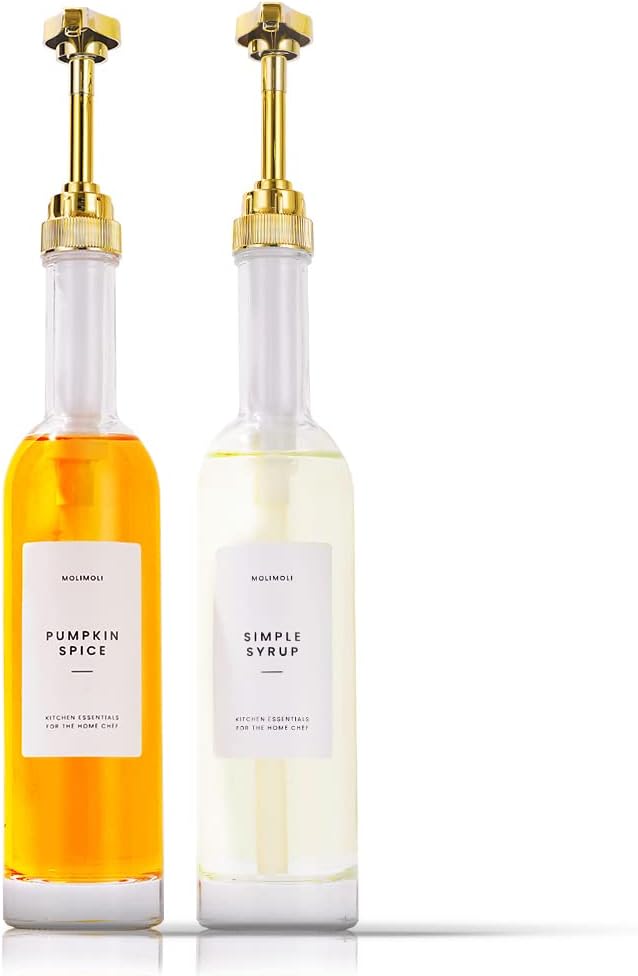 Molimoli Coffee Syrup Dispenser for Coffee Bar, Coffee Pump Dispenser | Coffee Syrup Dispenser for Coffee Bar, Glass Syrup Bottle w. Pumps and Labels Set of 2, 350ml & 500ml (Gold)