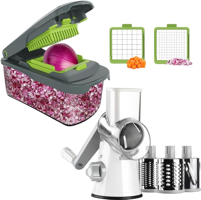 Ourokhome Vegetable Chopper Onion Cutter with Container Multifunctional Food Chopper with 2 Blades, Rotary Cheese Grater Hand Crank, Kitchen Shredder Speed Mandolin Slicer Nuts Grinder with Handle