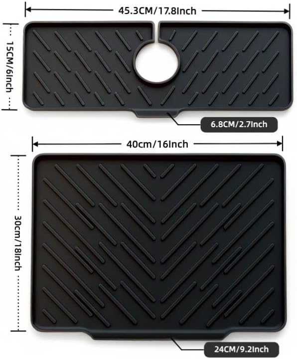 2 Pieces kitchen faucet mat as soap and sponge tray and silicone dish drying mats for kitchen counter, heat resistant mats for countertop, kitchen sink faucet organizer (black)