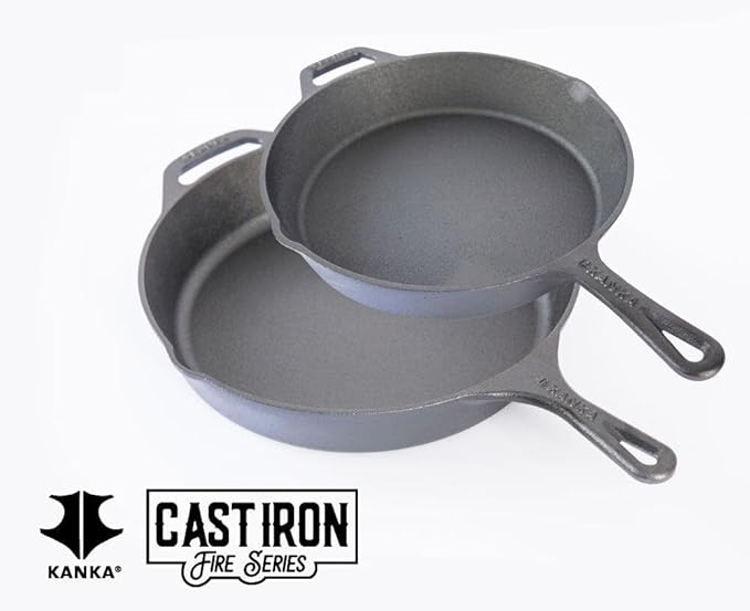 KANKA Cast Iron Skillet Set – Pre-Seasoned 10 Inch & 12 Inch Cast Iron Frying Pans – Iron Skillet Set for Stove, Oven, Grill & Searing Pan Cooking – Includes Silicone Handles & Scrapers