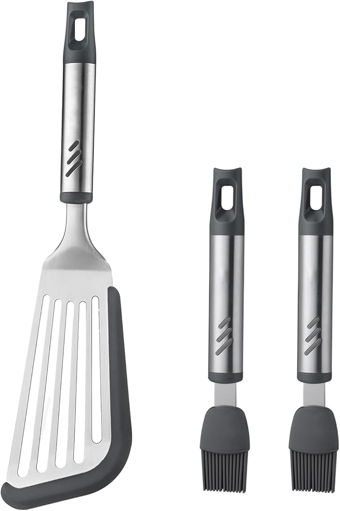 12.6" Stainless Steel Slotted Fish Spatula with Silicone Edge for Non-Stick Pan, 7.67 Inch Silicone Basting Pastry Brush For Baking, Dishwasher Safe