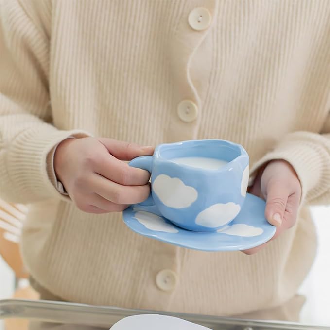 Noviko Cloud Mug with Saucer Ceramic Cloud Teacup for Girls Mum 11 oz