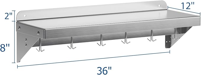 12" x 36" NSF Certified Stainless Steel Wall Mount Shelf - Multifunctional Metal Storage Rack with Backsplash and 6 Hooks