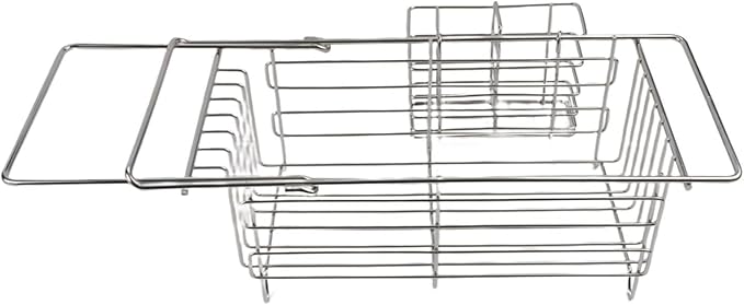 Expandable Stainless Steel Dish Drying Rack with Utensil Holder, Over The Sink Dish Drainer Basket for Kitchen, Space Saving Air Dry Organizer, Silvery, 40.5x18x13cm