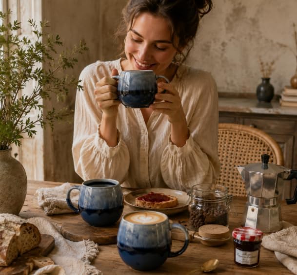 Coffee Mugs Set of 4 | 16 oz Ceramic Coffee Mugs | Lead-Free | Comfortable Handle | Microwave and Dishwasher Safe | Stoneware Latte Cups for Tea & Cappuccino| Unique Father's Day & Holiday Gifts