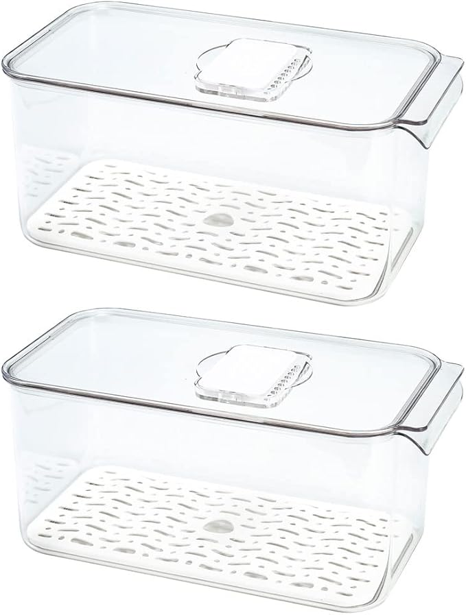 SANNO Produce Saver Refrigerator Organizer Bins with Lids And Removable Drain Tray Food Storage Container Fridge Stackable Freezer Bins For Kitchen Produce Fruit Vegetable (Set of 2)