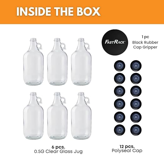 Fastrack 6-Pack Half-Gallon Glass Jug Set (64 oz) w/12 Polyseal Caps & Black Jar Gripper Pad – Multipurpose Half Gallon Jug, & Detergent Dispenser for Laundry, Glass Jar for Liquids, Water & Juice