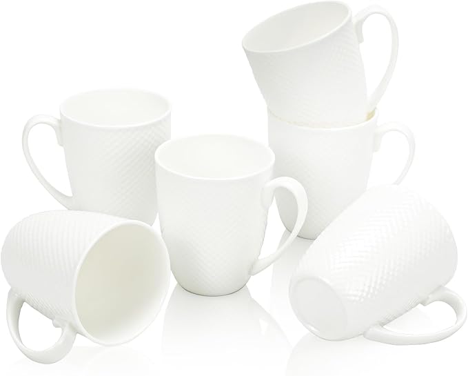 12 Oz Coffee Mugs Set of 6, Fine Bone China Mugs, White Ceramic Coffee Cups, Rhombus Relief Texture, Lightweight Tea Mugs for Latte, Hot Cocoa, Women, Men