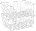 Stackable Wire Metal Baskets Cabinet Organizer Sturdy Metal Wire Pantry Freezer Bin for Home Bathroom Kitchen Friut Vegetable Organization, White - Set of 2