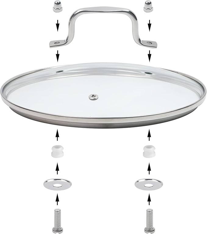 10.5 Inch Clear Glass Pot Lid for Frying Pan Replacement Cover Can Withstand 428°F (220℃) with Stainless Steel Arch Bridge Handle,Polished Silver