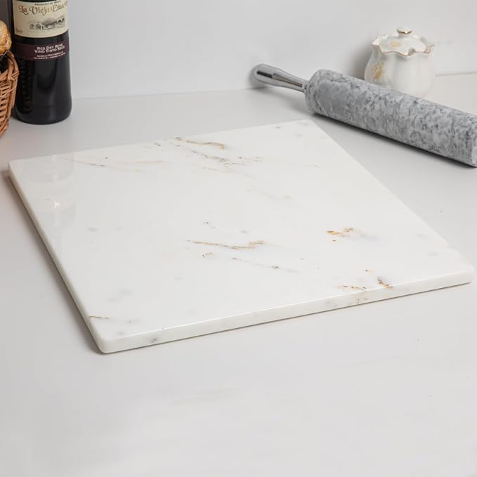 Diflart Natural Marble Stone Cutting Board for Kitchen, 16x16 Inch, White with Gold Veins, Marble Slab Pastry Board Large with Non-Slip Feet for Backing, Cheese, Chocolate, Pack of 1 Piece