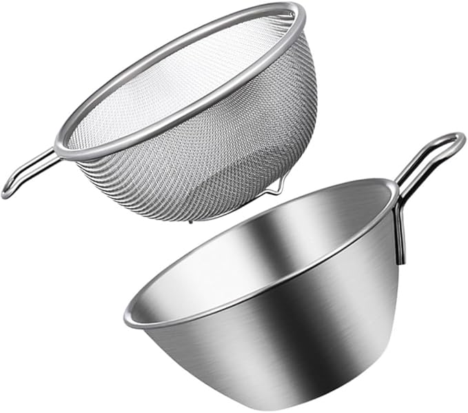 BESTonZON Stainless Steel Colander Bowl with Handle and Basin Food Strainer for Rice Washing Vegetable and Fruit Draining Compact 7.08X5.90X2.95 Inch Kitchen Utensil