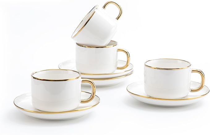 Agyiuns Tea Cups and Saucers with Gold Trim, 6.76 Ounce White Porcelain Tea Set & Coffee Cups for Latte, Cafe Mocha, Tea-Set of 4,Porcelain Mugs for Kitchen or Cafe(white and gold)