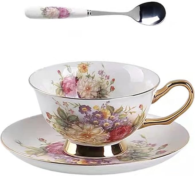 Honorable Coffee Cup Mug, Cappuccino, Tea Cup, with Saucer for Latte, Fine Bone Porcelain, Reactive Glaze, 6.8 Oz-1pcs (Flowers in Full Bloom)