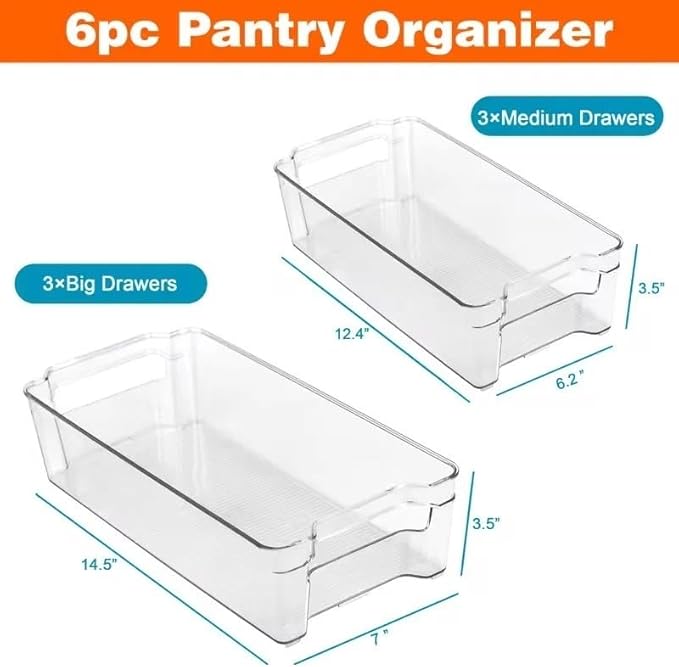 6-Piece Clear Plastic Storage Bin Set with Handles - Large (14.5"x7"x3.5") & Medium (12.4"x6.2"x3.5") Stackable Organizers, BPA-Free for Kitchen Pantry Fridge